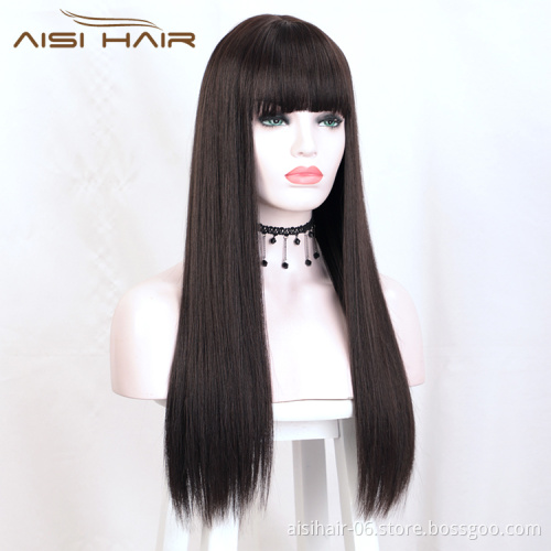 Aisi Hair Top Quality 24 Inch Long Silky Straight Black Lace Wig With Bangs Cheap Synthetic Hair Lace Front Wigs For Women